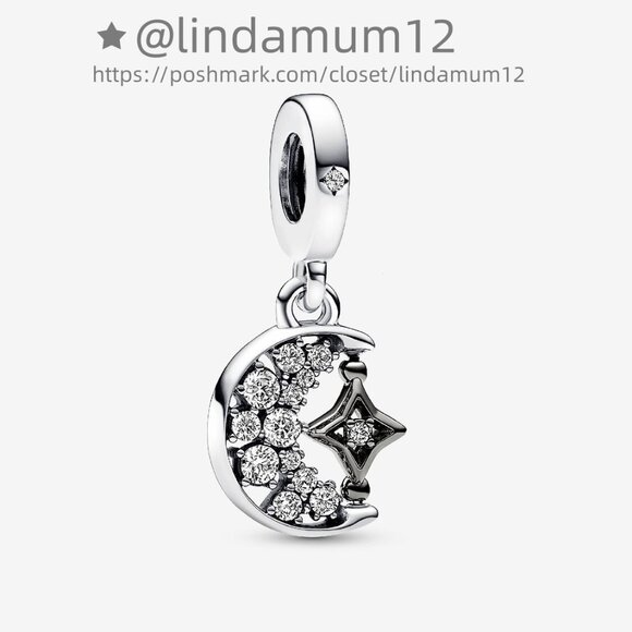 Pandora Sparkling Crescent Moon & Spinnable Star Dangle Charm - Picture 1 of 5